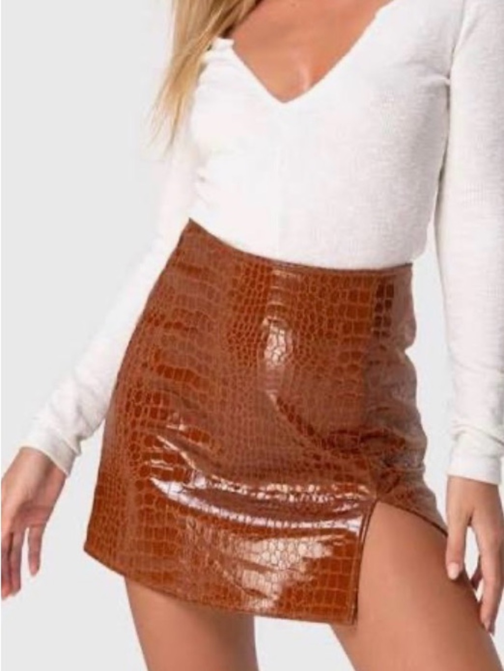 Motel Rocks Brown Croc-Embossed Mini Skirt